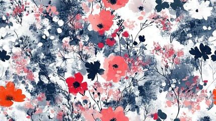 Wall Mural - Abstract Watercolor Floral Pattern with Black Branches