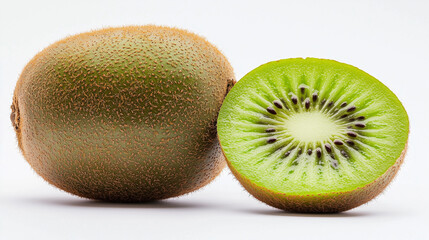 A whole kiwi fruit and a half-sliced kiwi fruit on a clean white background 