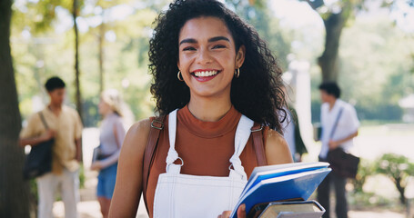 Poster - Portrait, happy woman or proud student on outdoor campus in university for opportunity or study in college. Confident, file or girl with smile, books or portfolio for school, education or scholarship