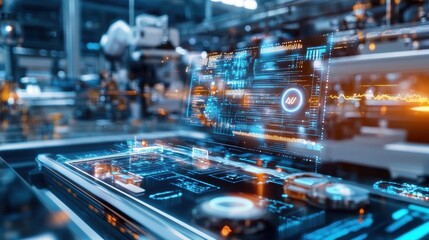 Futuristic computer interface with glowing elements and robots in a modern factory setting, showcasing advanced technology.
