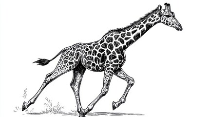 Black and white Vintage engraved art of a giraffe running towards the camera, isolated on white background, ink sketch illustration, simple vector art design, highly detailed line art