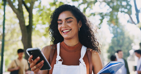 Aufkleber - Campus, park or happy woman with phone in university for learning application or higher education. Social media text, smile or student on internet for academic registration or scholarship results