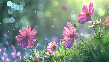 Wall Mural - Delicate pink cosmos flowers blooming in a field bathed in soft sunlight, with blurred background and bokeh effect.