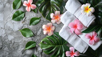 Create a serene spa-themed background featuring pink frangipani flowers, neatly folded white towels, and green tropical leaves scattered around