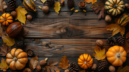 Wall Mural - Thanksgiving autumn background, top view, pumpkin and maples on wooden table