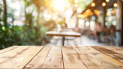 clean bright light empty table with blurred cafe background for product display mockup