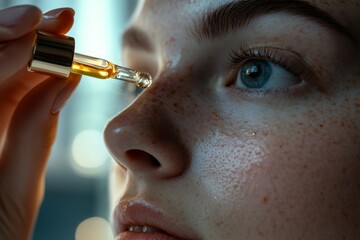 Wall Mural - A woman focuses on applying a luxury face serum to enhance her skincare routine, showcasing her glowing complexion and beauty