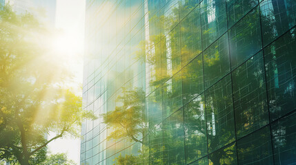 Green building concept, double exposure of modern glass office and green trees in sunlight. Carbon neutral society background