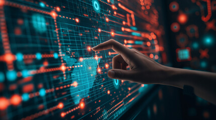 Hand touching digital screen with data and network connection icons on dark background, business concept of global communication technology, web security or big data