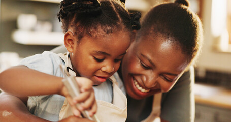 Canvas Print - Education, child and black mother in kitchen for baking, recipe process or happiness at home. Girl, development or face of mom at counter for mixing, growth or fun activity for making cookies or cake