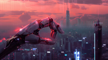 Wall Mural - Futuristic robotic hand reaching towards a glowing cityscape.