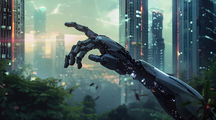 Wall Mural - A robotic hand reaches out towards a futuristic city skyline.