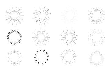 Sticker - Set Fireworks, rays, sunburst frames circle border decoration, sparkle in doodle style, line sketch explosion isolated on white background.