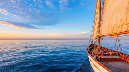 A serene sailing scene at sunset, featuring a classic sailboat gliding across calm waters under a colorful sky.