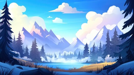 Poster - A serene mountain lake scene, draped in fog, blends modern flat illustration styles with rich textures for a whimsical touch.