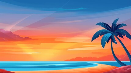 Poster - A stunning tropical beach at sunset, with vibrant pink and orange hues reflecting off the sky and water, lined by palm trees.