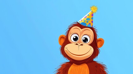 Poster - A playful orangutan dons a party hat, bringing fun and joy to the blue backdrop in this vibrant, cartoonish illustration.