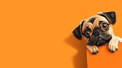 Poster - Adorable pug peeks from a bright orange block, creating a whimsical scene perfect for playful wallpaper or greeting cards.