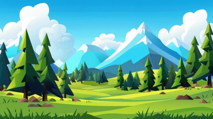 Wall Mural - A vibrant, cartoonstyle landscape filled with lush trees, rolling mountains, and a charming flat illustration aesthetic.