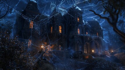 Sticker - Design a haunted mansion background with cobwebs, broken windows, and flickering candlelight, setting a spooky atmosphere.