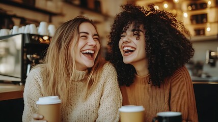 two friends laughing together at a coffee shop, enjoying their conversation, natural light, cozy atmosphere