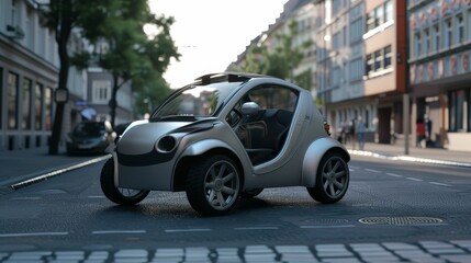 Sticker - Design a 3D model of a compact city car, emphasizing its small size, efficiency, and maneuverability. Highlight features like foldable mirrors and a panoramic roof.