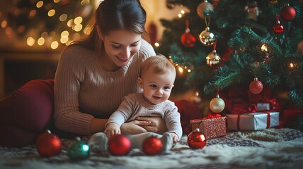 a joyful mother and baby sitting on a cozy rug, surrounded by colorful Christmas ornaments, near a beautifully decorated Christmas tree with twinkling lights