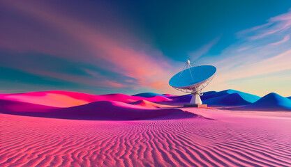 Satellite dish in vibrant desert landscape under colorful sunset sky

