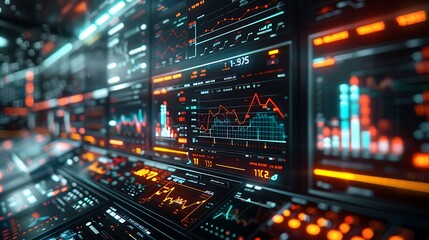 A detailed image of a futuristic interface with holographic screens showing stock trends and data analytics, vibrant charts and graphs. The background is a dark,