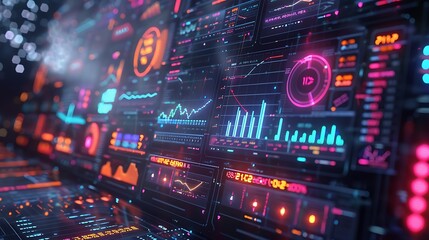 A detailed image of a futuristic interface with holographic screens showing stock trends and data analytics, vibrant charts and graphs. The background is a dark,