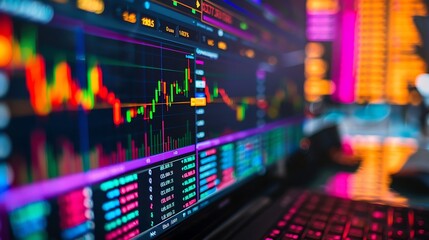 Wall Mural - A detailed image of real-time stock market data on a computer screen, with multiple colorful charts and tickers. Office background with soft ambient light,