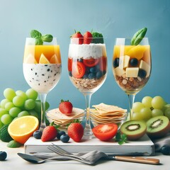 Wall Mural - Three glasses holding diverse foods on a white counter against a blue wall backdrop.