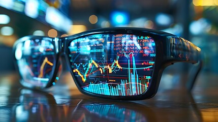 Wall Mural - A high-definition close-up of augmented reality glasses showing stock market data, with detailed charts and indicators projected in the air.