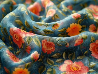 Wall Mural - Close-Up of a Blue Fabric with Floral Pattern