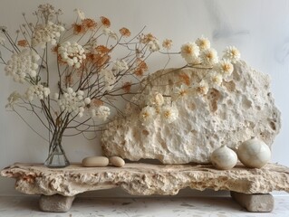 Wall Mural - Dried Flowers and Ceramic Pots on a Stone Table