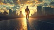© NILSEN Studio - A silhouette walks down a city street at sunrise, symbolizing ambition and new beginnings, with towering skyscrapers dwarfing the figure against a vibrant sky.