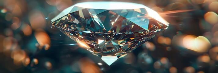 Beautifully cut diamond sparkling under bright light against a golden bokeh background.