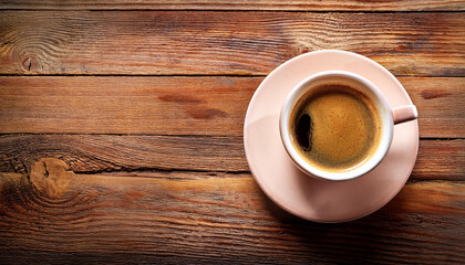 Wall Mural - Cup of coffee on wooden table, top view