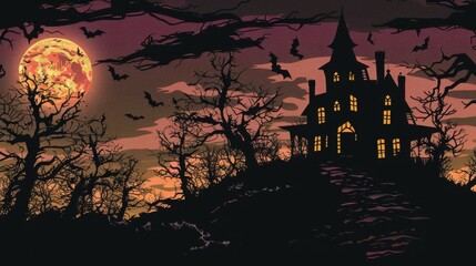 An old, spooky house on top of a hill with a full moon