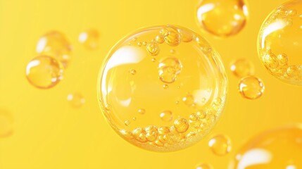 Wall Mural - Bubbles floating against a vibrant yellow background during a sunny afternoon