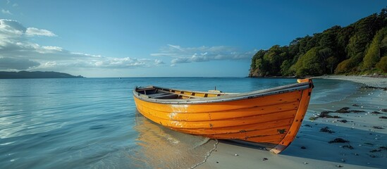 Poster - Orange Boat on a Sandy Beach with a Blue Sky and a Green Forest