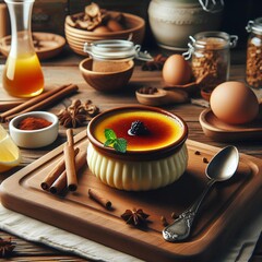 Wall Mural - Traditional Crema Catalana Spanish Custard Dessert on Wooden Kitchen Counter.