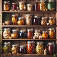 Various preserved foods showcased in elegant glass jars on charming wooden shelves.