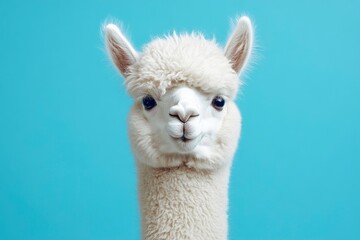 Wall Mural - Funny white alpaca on blue background, ai