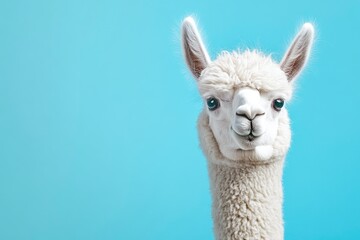 Wall Mural - Funny white alpaca on blue background, ai