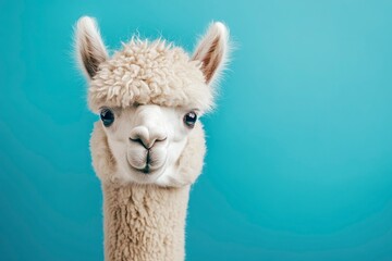 Wall Mural - Funny white alpaca on blue background, ai