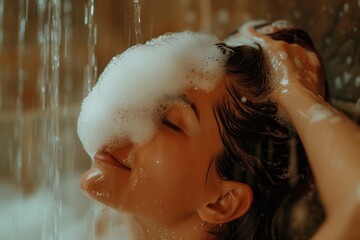 Wall Mural - A woman relishes a relaxing shampooing session, covering her hair in rich foam while enjoying a shower at home.