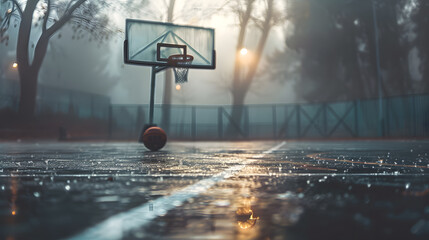 A basketball court with a basketball on the ground and a hoop in the background