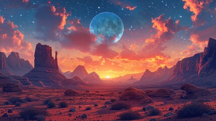 Desert Sunset with a Blue Moon