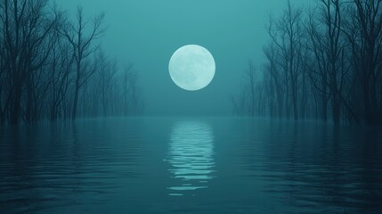 Wall Mural - Full Moon Reflecting on a Serene Lake Surrounded by Bare Trees in a Mystical Nighttime Landscape